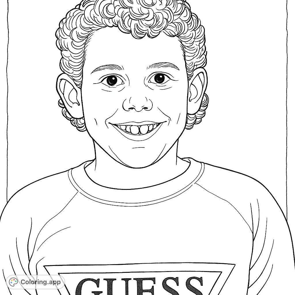 A cheerful portrait of a young person with curly hair and a wide smile, perfect for practicing facial features and adding vibrant colors.