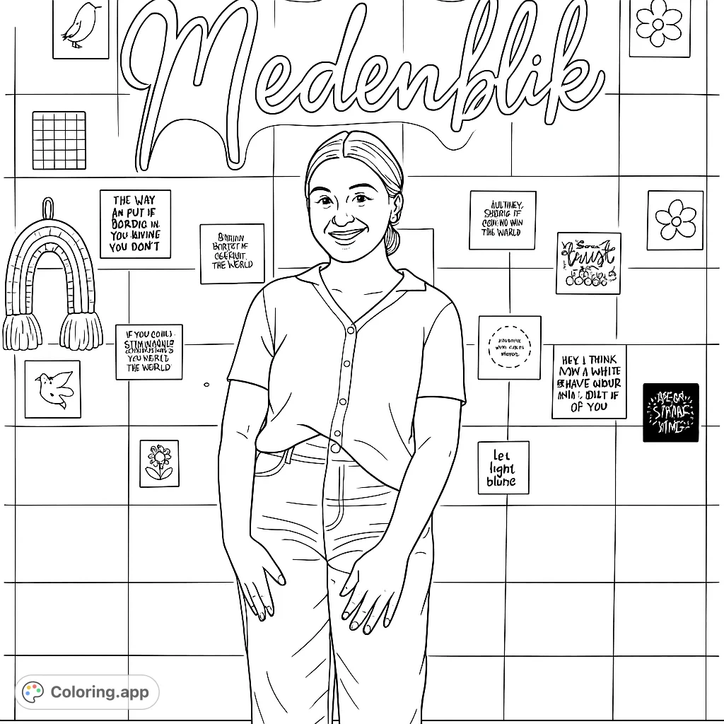 A cheerful young woman stands before a tiled wall adorned with a glowing neon sign and an array of inspiring notes and decorative squares, perfect for creative coloring.