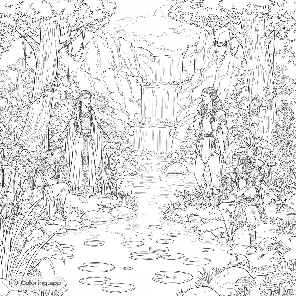 Discover a mystical elf group by a serene pond with a cascading waterfall. A detailed fantasy scene perfect for imaginative coloring.