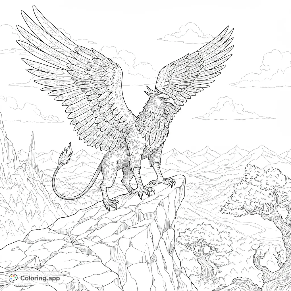 Discover a majestic griffin perched on a rugged mountain, wings unfurled, overlooking a vast valley. A detailed fantasy creature for your coloring adventure.