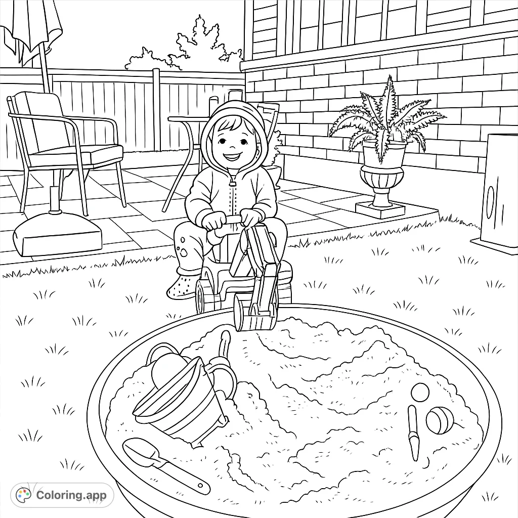 A joyful child on a toy excavator, ready for sandbox adventures! Explore a backyard scene with sand toys, patio furniture, and a cozy home.