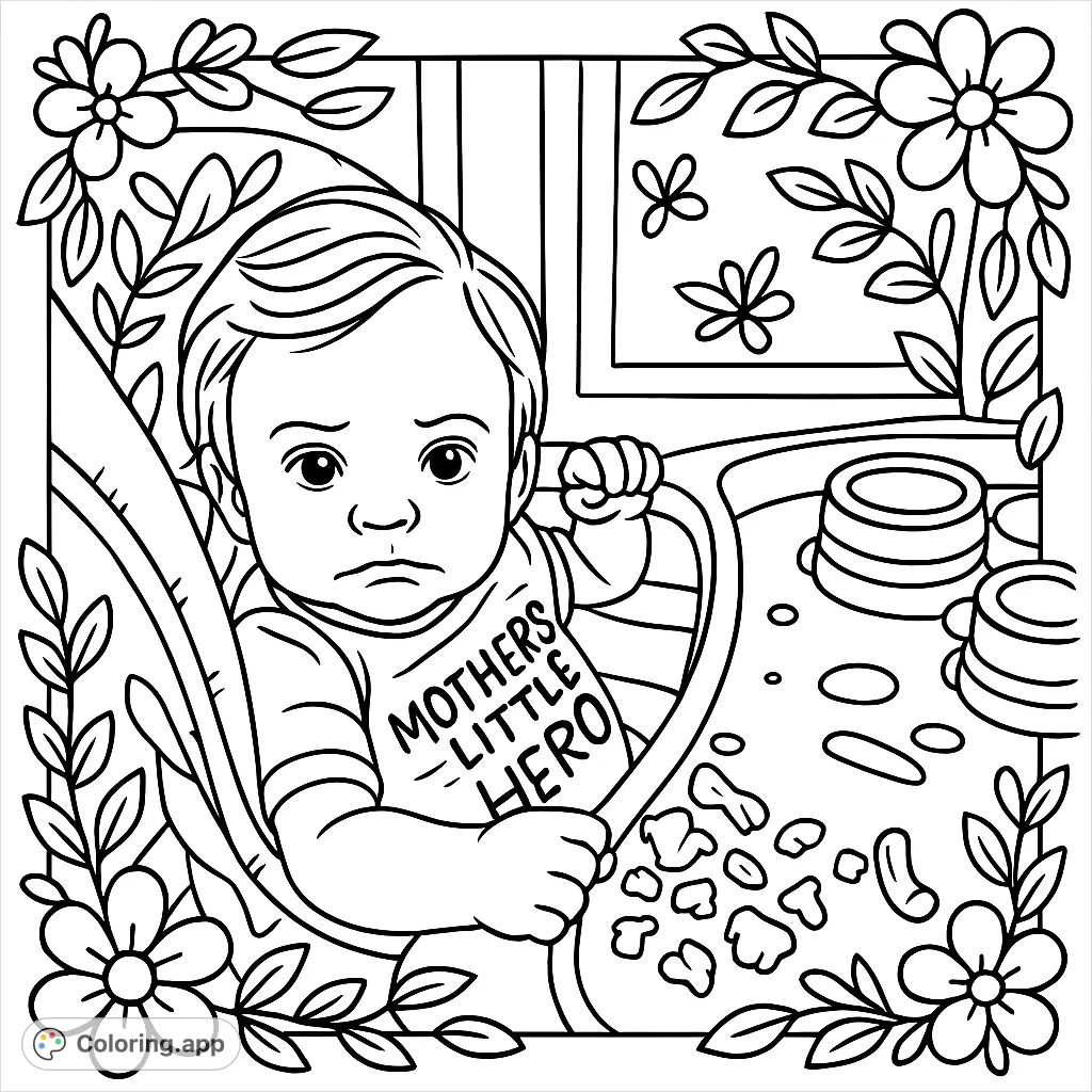 A whimsical baby portrait coloring page featuring an adorable child in a high chair, surrounded by playful details and decorative borders. Perfect for kids!