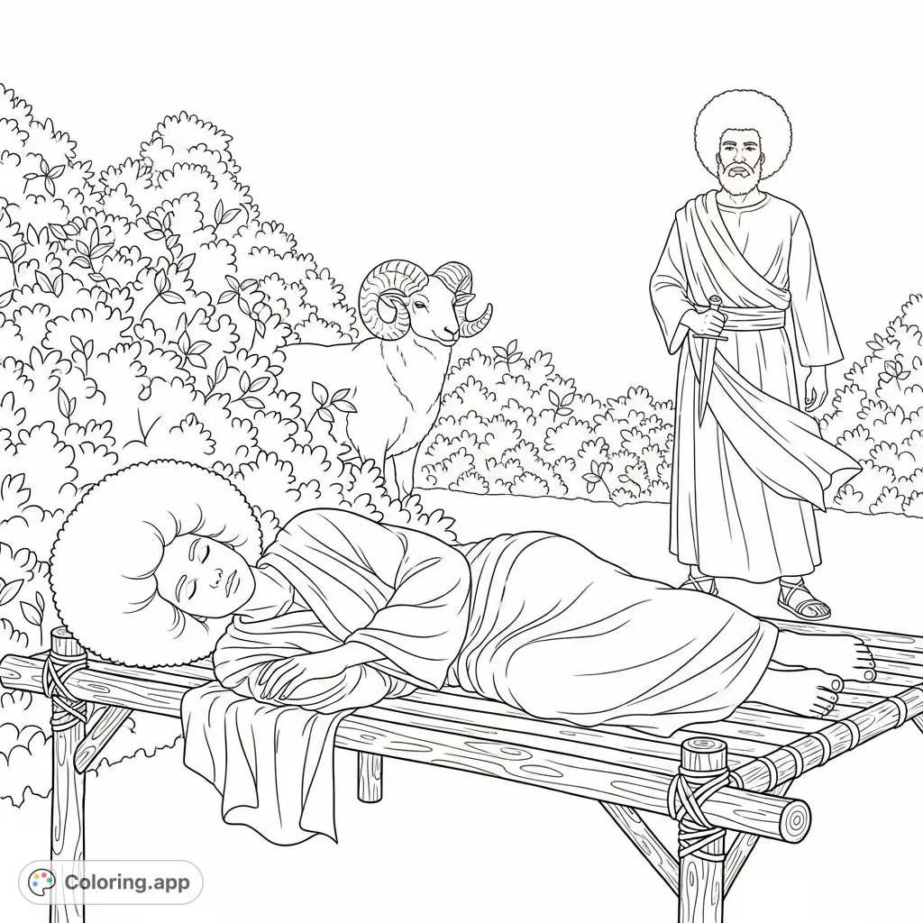 A poignant Abraham and Isaac coloring page depicting a resting figure on wood sticks, with Abraham standing watch and a ram in the bushes.
