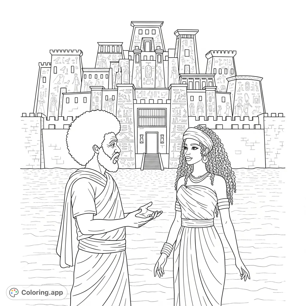 Explore an ancient scene with Abraham and Sarai, featuring their distinctive hairstyles and wrapped attire, set against a majestic Egyptian castle. A detailed historical coloring page.