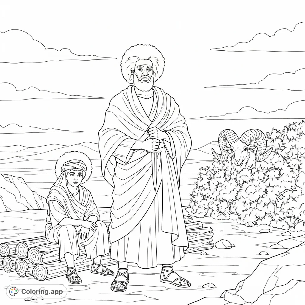 Explore a powerful biblical scene featuring Abraham, a teenager, and a ram caught in a thorny bush, set against a rugged, rocky landscape.