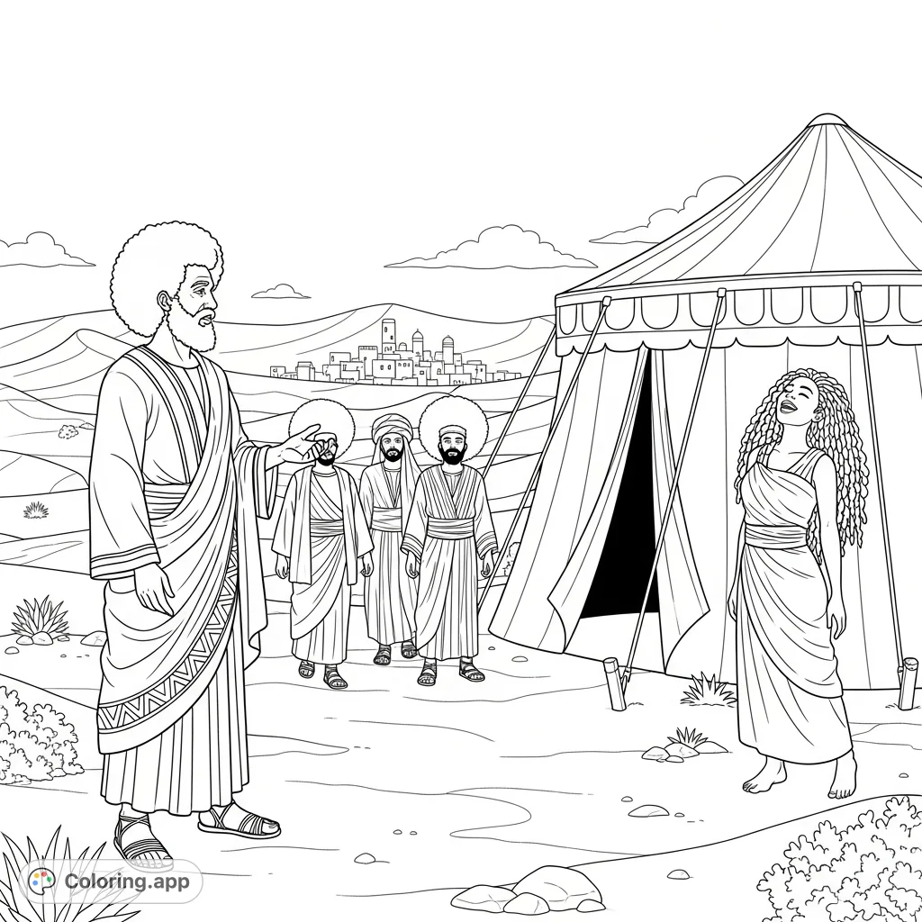 A detailed Abrahamic desert encounter coloring page featuring Abraham, three men, and a woman by a tent, set against a vast desert landscape with a distant city.