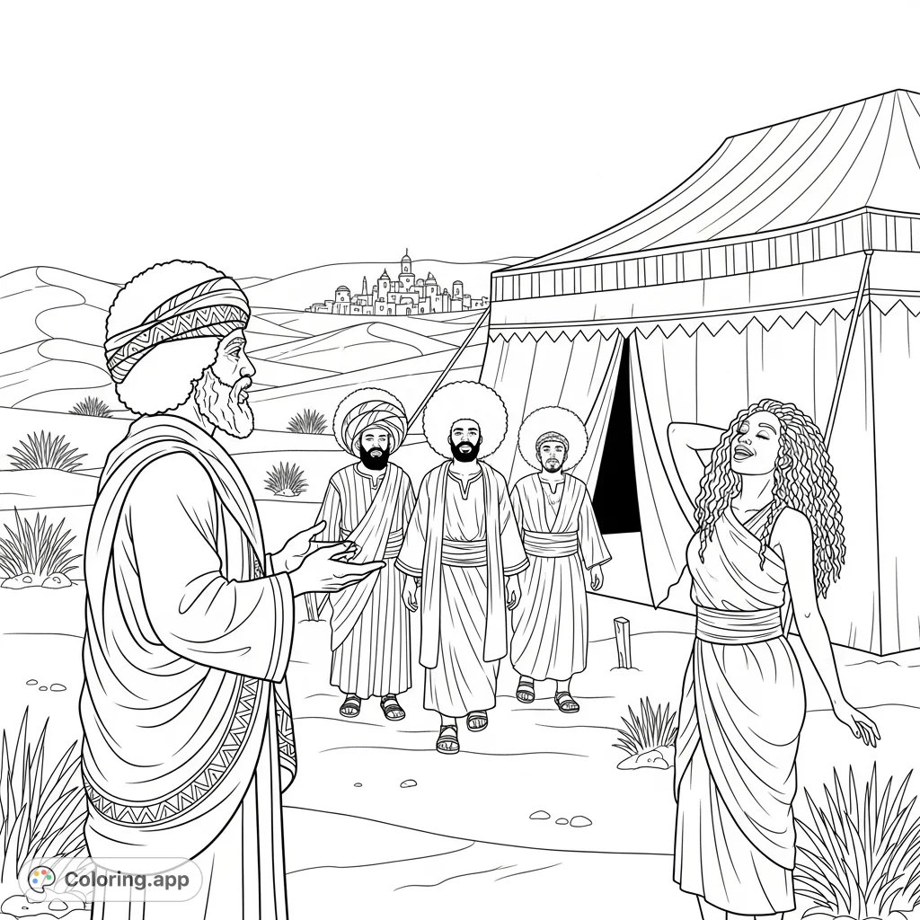 A detailed Abrahamic desert encounter coloring page featuring Abraham, three men, and a woman by a tent, set against a vast desert landscape with a distant city.