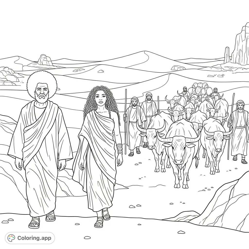 Journey with Abraham and his family across the desert, accompanied by cattle and herdsmen. A detailed biblical scene for a free printable coloring page.