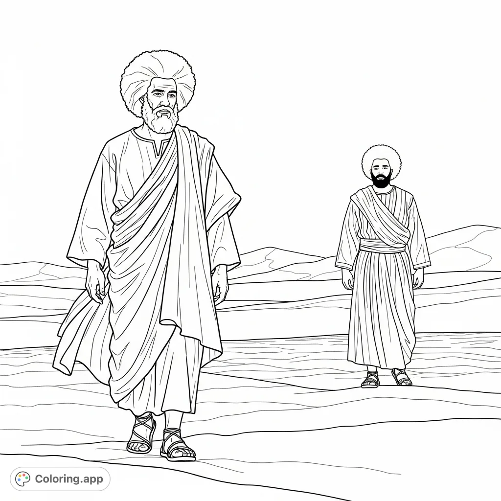 Explore a historical desert scene featuring Abraham with an Afro and beard, walking away from another figure. A detailed Abraham coloring page for all ages.