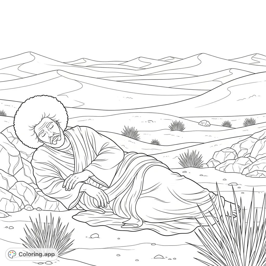 Discover Abraham with a majestic Afro, deeply asleep amidst a serene desert landscape. This unique coloring page invites you to bring a peaceful, ancient scene to life.