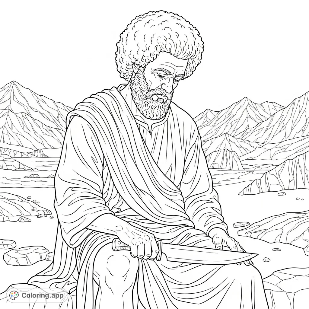 A powerful Abraham with an Afro and beard, draped in cloth, contemplates with a knife on his thigh amidst a rugged desert landscape. A profound scene.