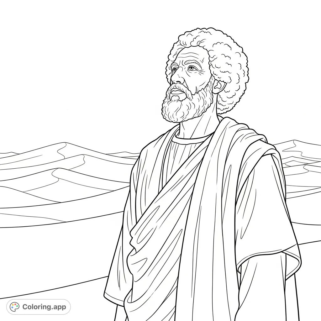 A powerful Abraham with an Afro and beard, draped in cloth, gazes skyward in a sweeping desert landscape. A spiritual and detailed coloring page.