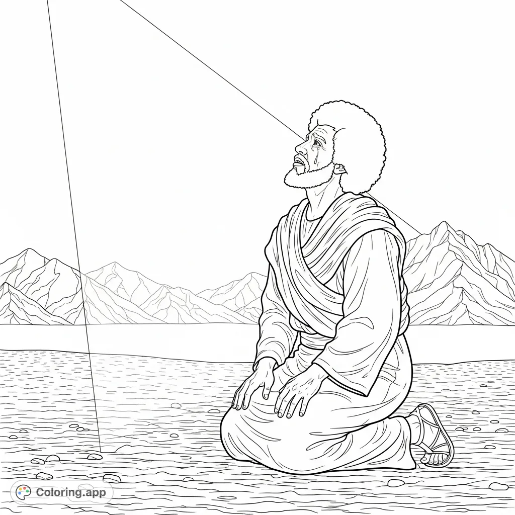 A powerful Abraham coloring page depicting him kneeling in the desert, looking heavenward as a beam of light descends. A profound scene for reflection.