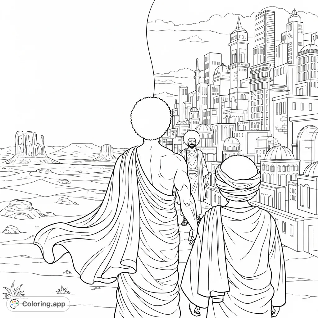 Explore Abraham's journey with this unique coloring page featuring two figures with Afros in wrapped cloths, set against a desert and city backdrop.