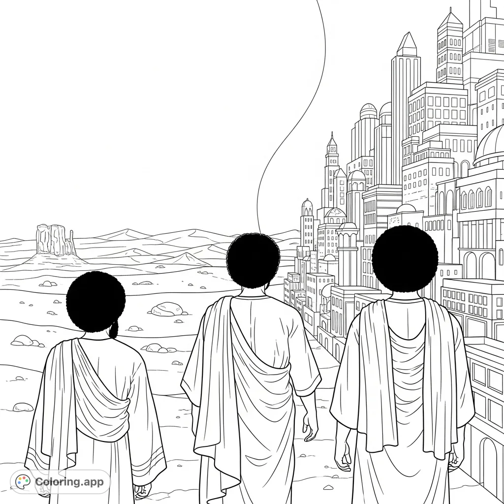 Explore Abraham's journey with this unique coloring page featuring two figures with Afros in wrapped cloths, set against a desert and city backdrop.