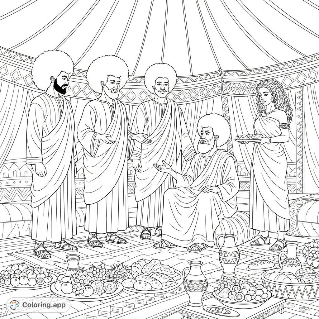 A detailed Biblical encounter coloring page featuring Abraham, three men with Afros, and a woman serving in a richly patterned tent interior.