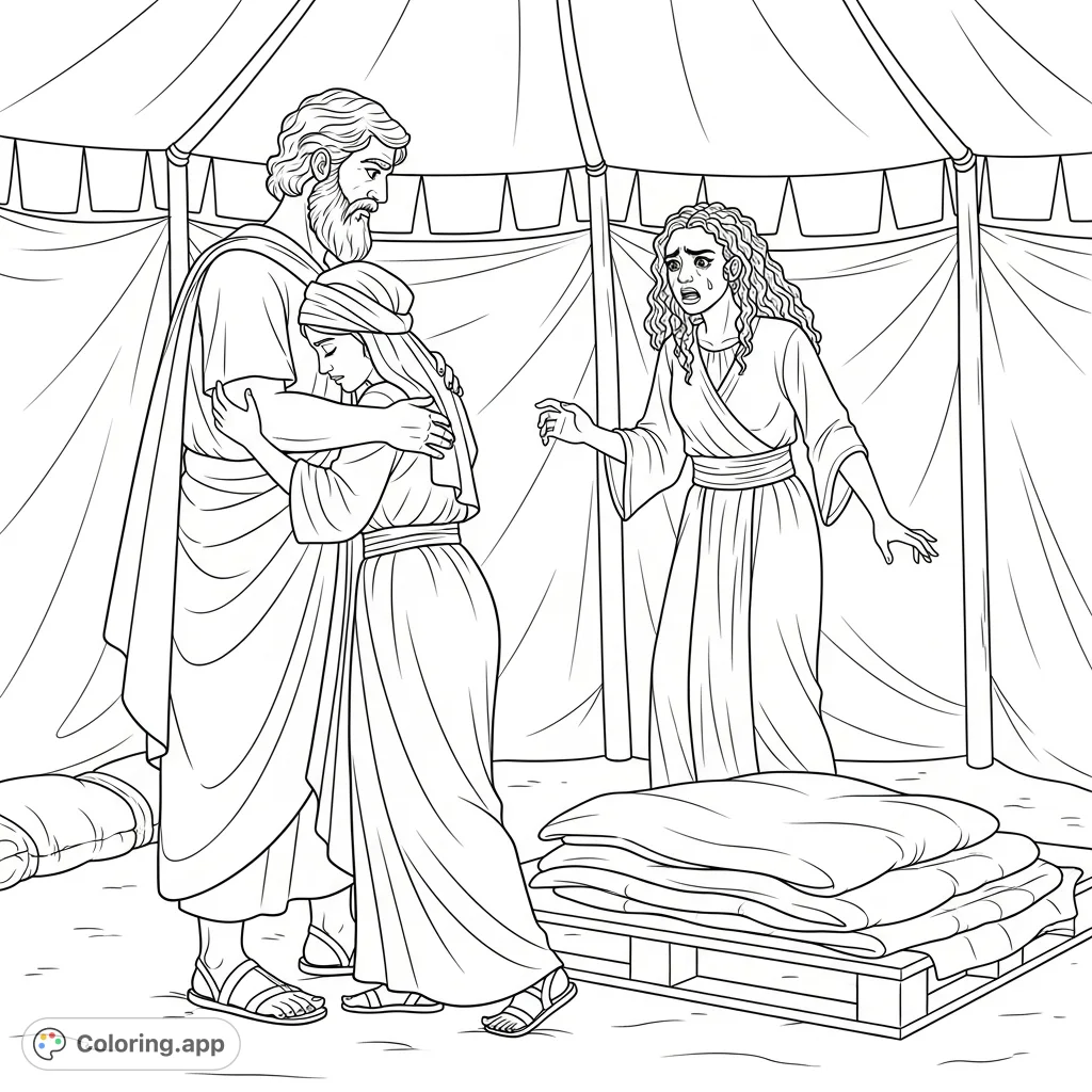 Explore a dramatic biblical scene featuring Abraham, two women, and a tent interior. A compelling Abraham coloring page for all ages.