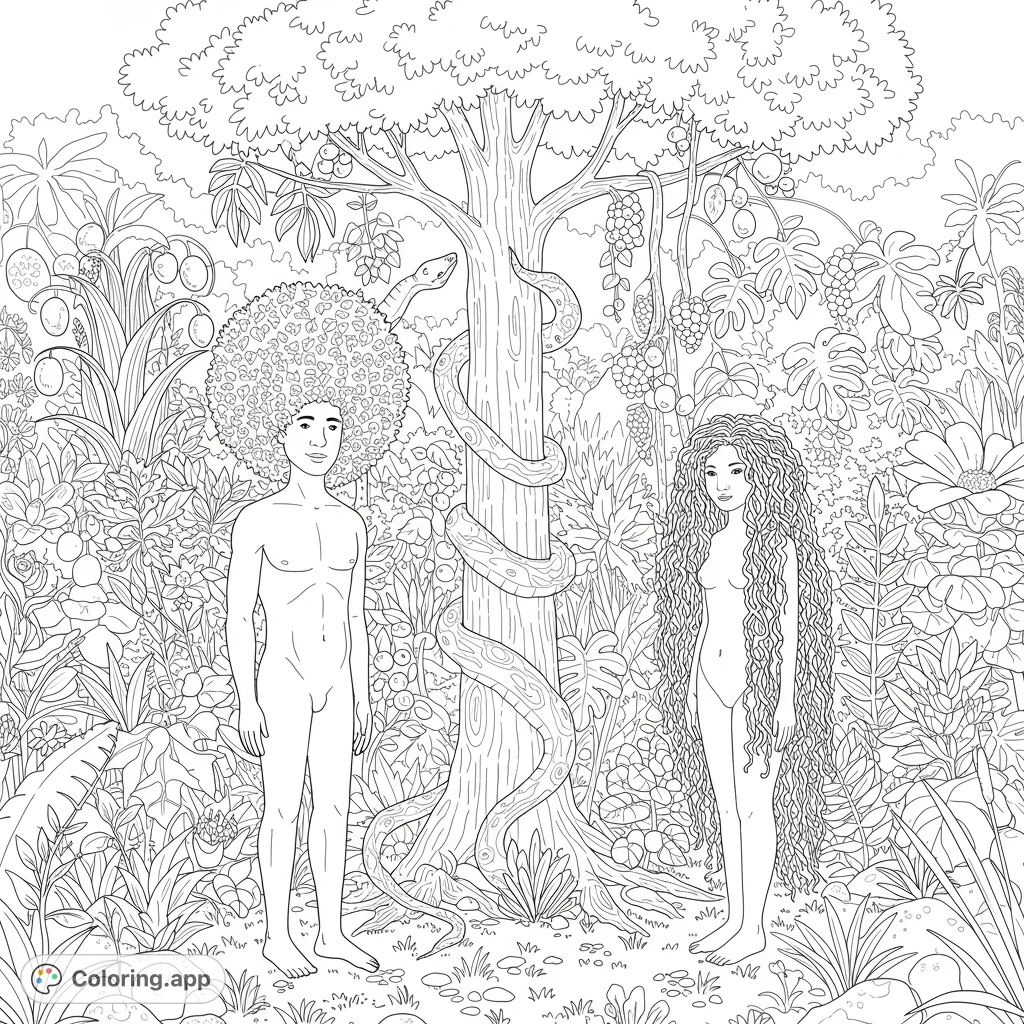 Explore a detailed Adam and Eve coloring page set in the lush Garden of Eden, featuring intricate textures, abundant foliage, and the iconic tree.