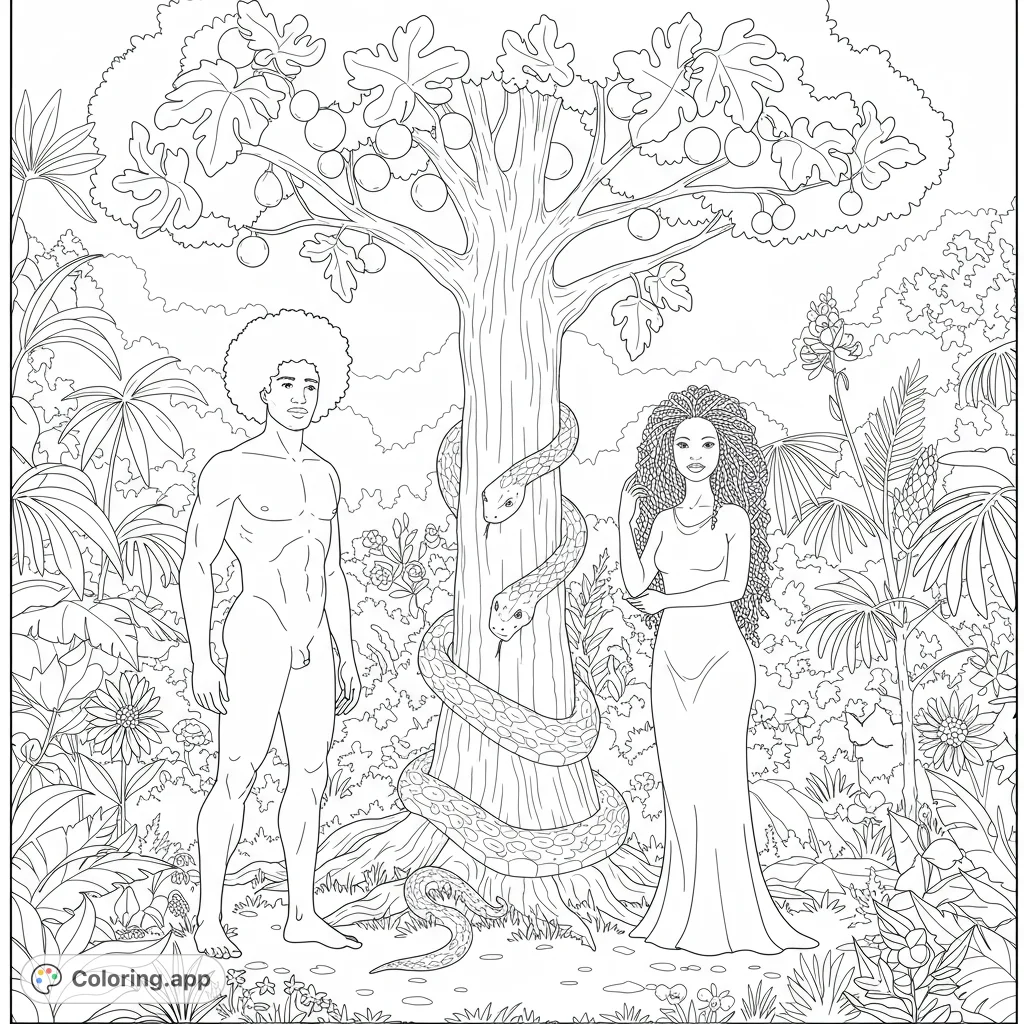 Explore the Garden of Eden with Adam and Eve, featuring intricate details of their figures, fig leaves, a fruit-laden tree, and a coiled serpent.