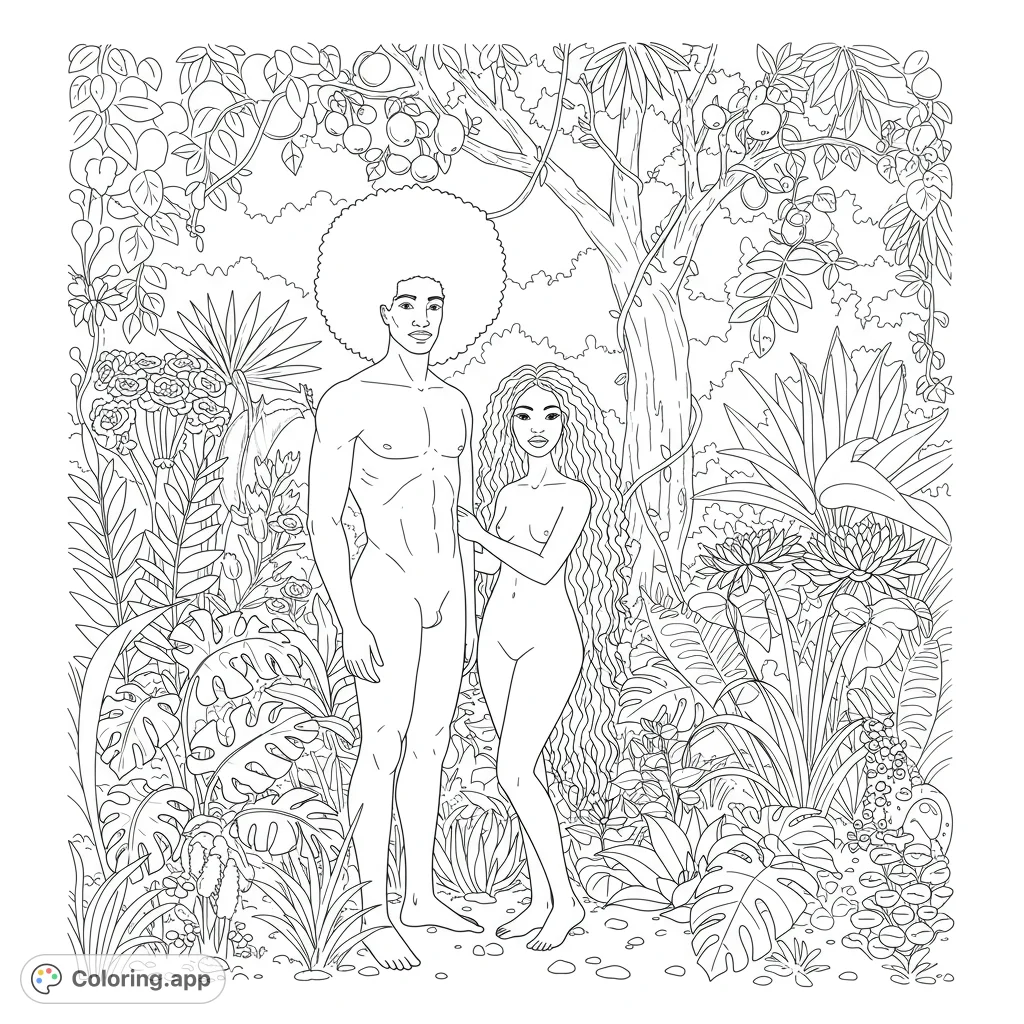 Explore a detailed Adam and Eve coloring page, featuring Adam with an Afro and Eve with long kinky hair amidst lush garden flora. A timeless scene for creative expression.