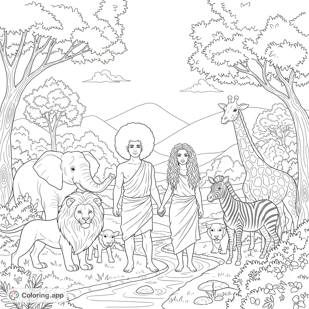 A serene scene featuring Adam with an Afro, Eve with long kinky hair, and a variety of friendly land animals in a lush natural landscape. Perfect for a baby book.