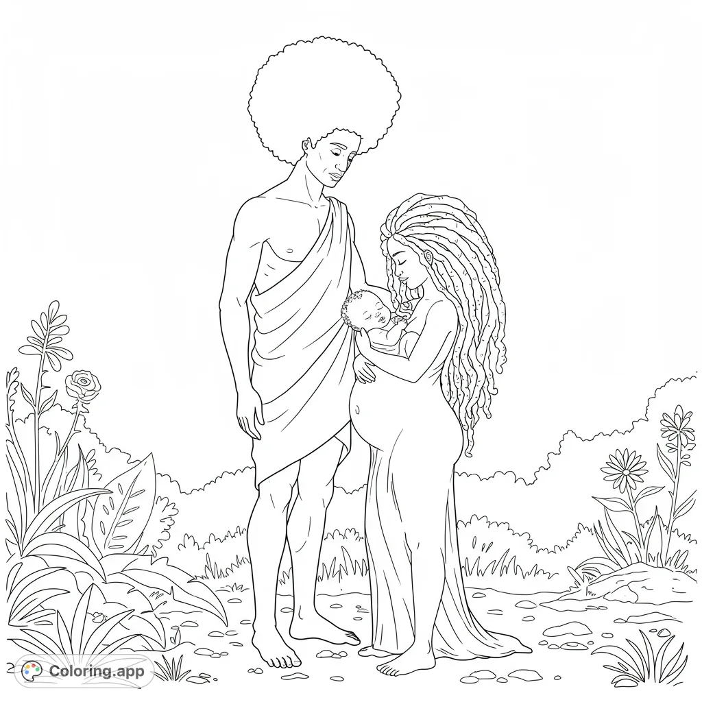 A tender scene of Adam and Eve welcoming their newborn, featuring Adam with an Afro and Eve with long kinky hair. A powerful, symbolic family moment.