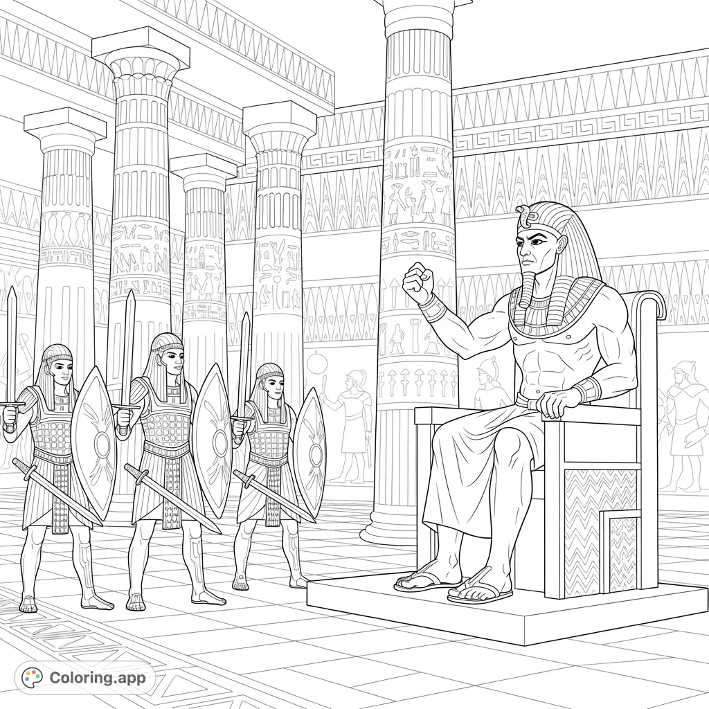 Color an ancient Egyptian King on his throne, surrounded by loyal soldiers in a grand palace. A dramatic scene for history enthusiasts.