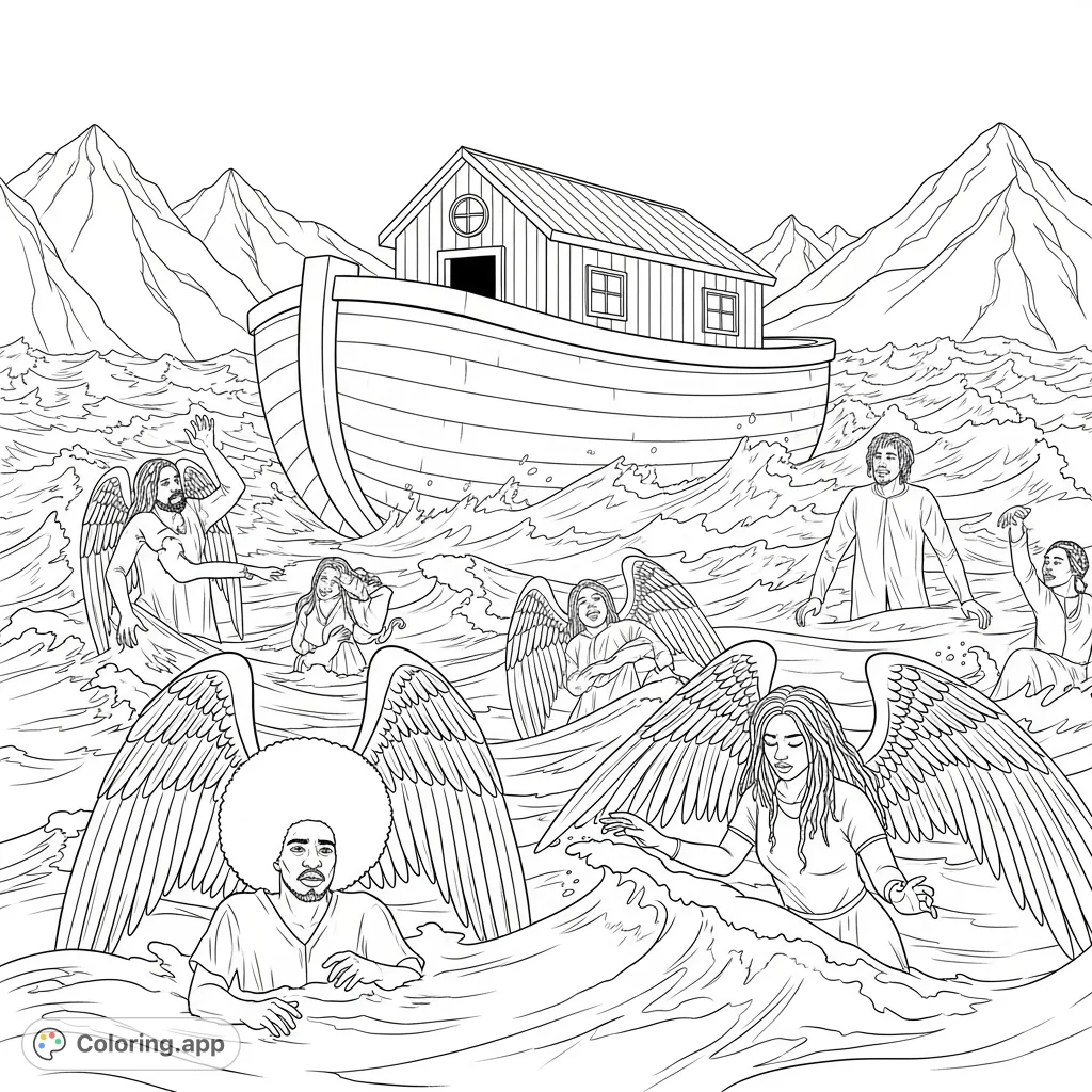 A dramatic apocalyptic ark coloring page depicting a vessel on turbulent waters, surrounded by struggling figures with Afros, feathered wings, and kinky hair.