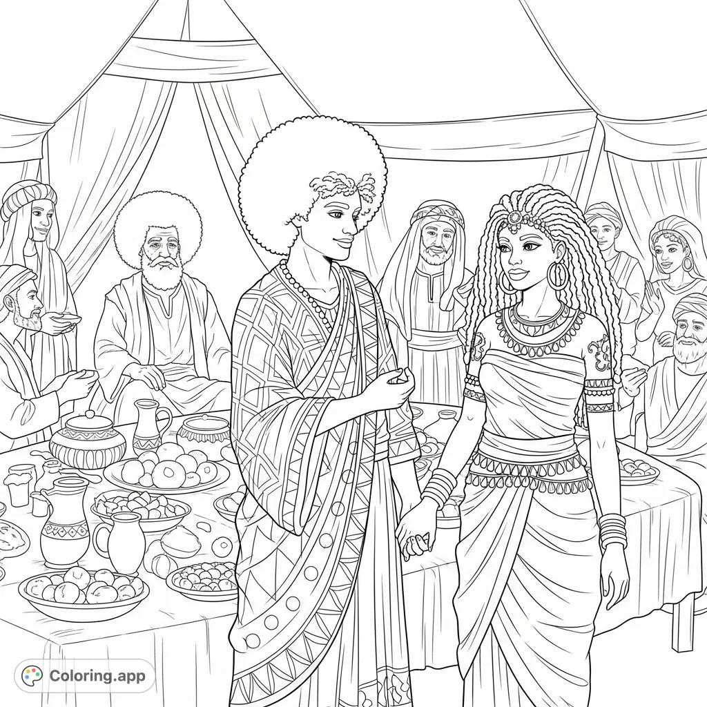 A detailed Biblical family celebration coloring page featuring Isaac and a woman holding hands, with Abraham and family in a tent.