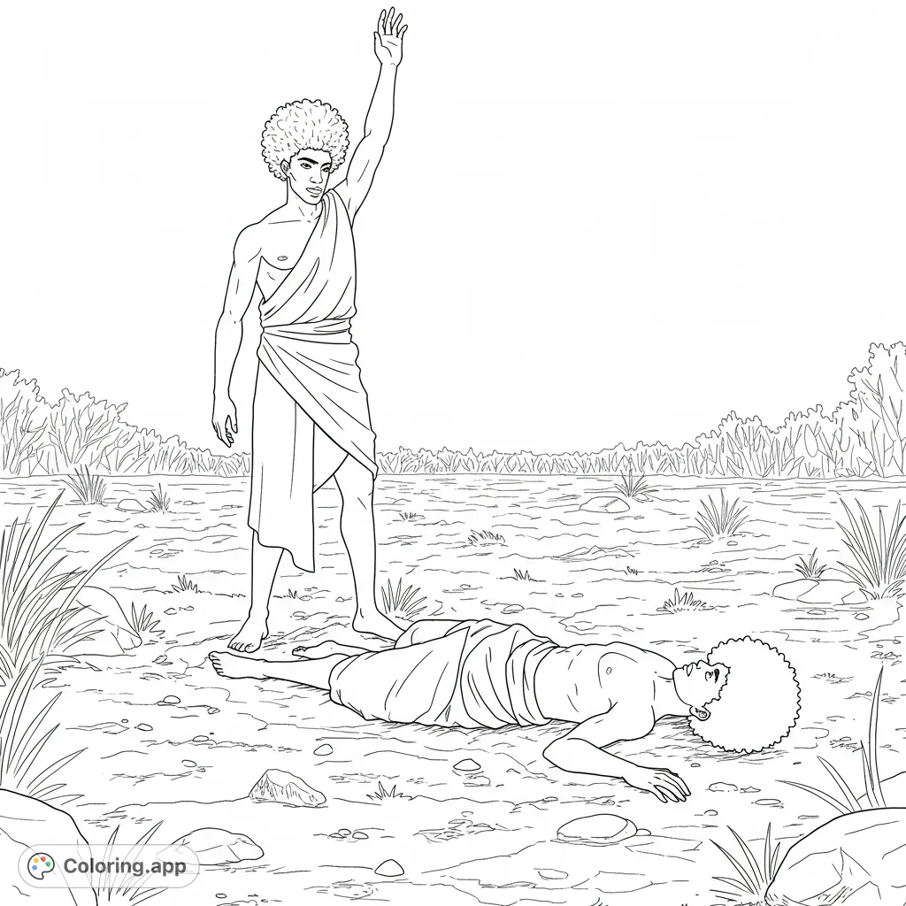 A powerful biblical scene depicting Cain standing over Abel in an open field, capturing a moment of profound human drama and ancient narrative.