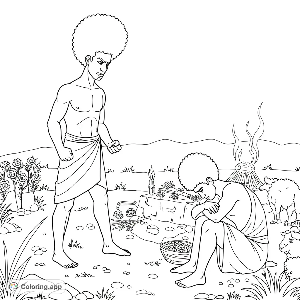 Explore the dramatic biblical tale of Cain and Abel, featuring two figures with Afros, expressing jealousy and sadness amidst their offerings.