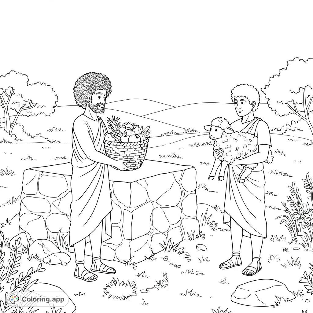 Explore the biblical narrative of Cain and Abel's offerings at the altar. A detailed scene for reflection and creative coloring.