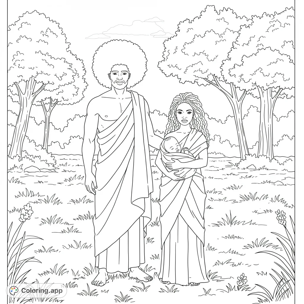An ancient family portrait featuring Cain, his wife, and their swaddled baby in a natural field setting, perfect for a free printable coloring page.