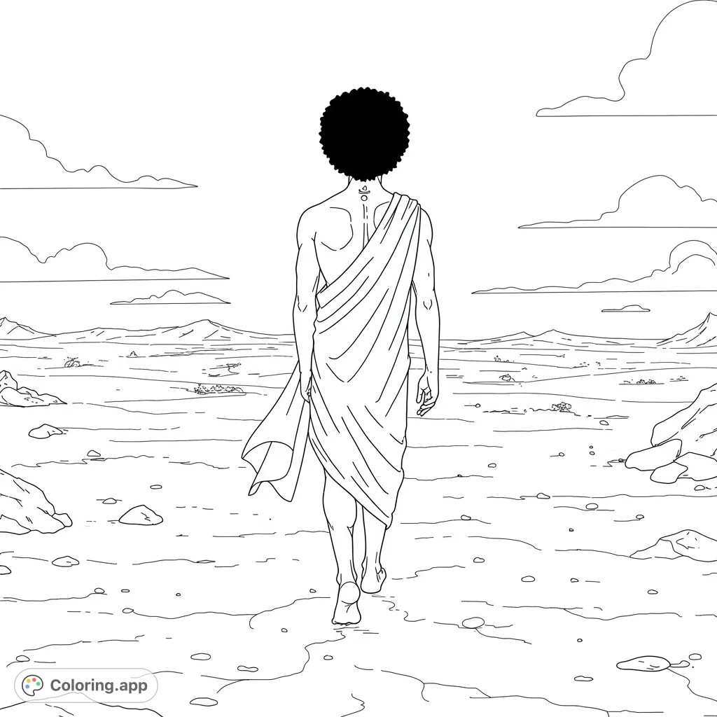 A powerful Cain with an Afro and a divine mark on his chest embarks on a solitary journey across a desolate landscape, a compelling biblical scene.