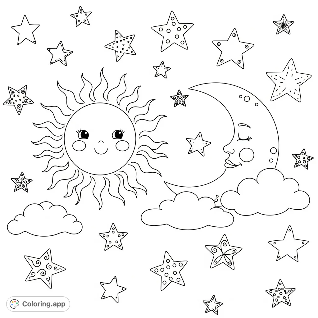A charming sun, moon, and stars coloring page, perfect for a baby book. Features friendly celestial bodies and soft clouds for gentle coloring.