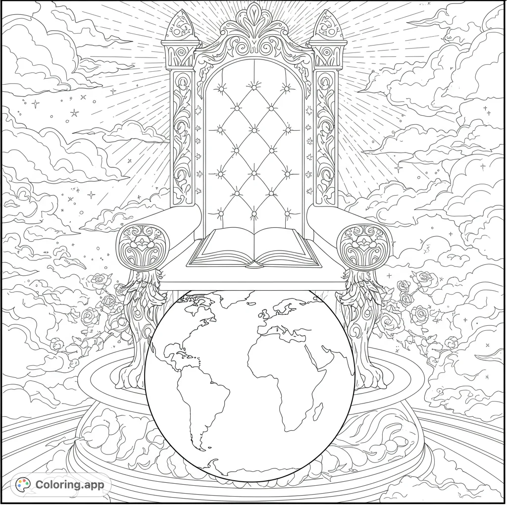 Discover a majestic celestial throne resting above Earth, with an open Bible. A powerful and inspiring free printable coloring page for reflection.