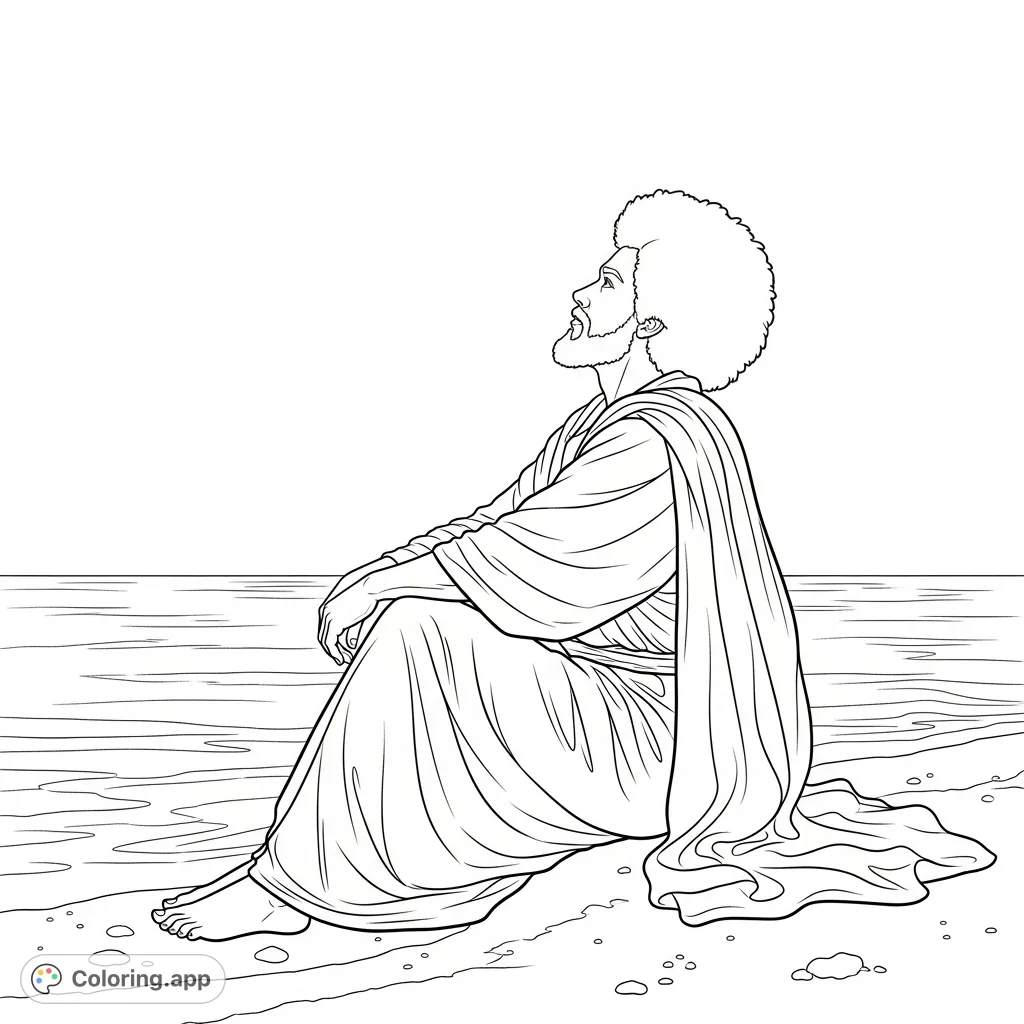 A serene Noah with an Afro, draped in cloth, sits by the sea gazing skyward. A peaceful scene for reflection and creative coloring.