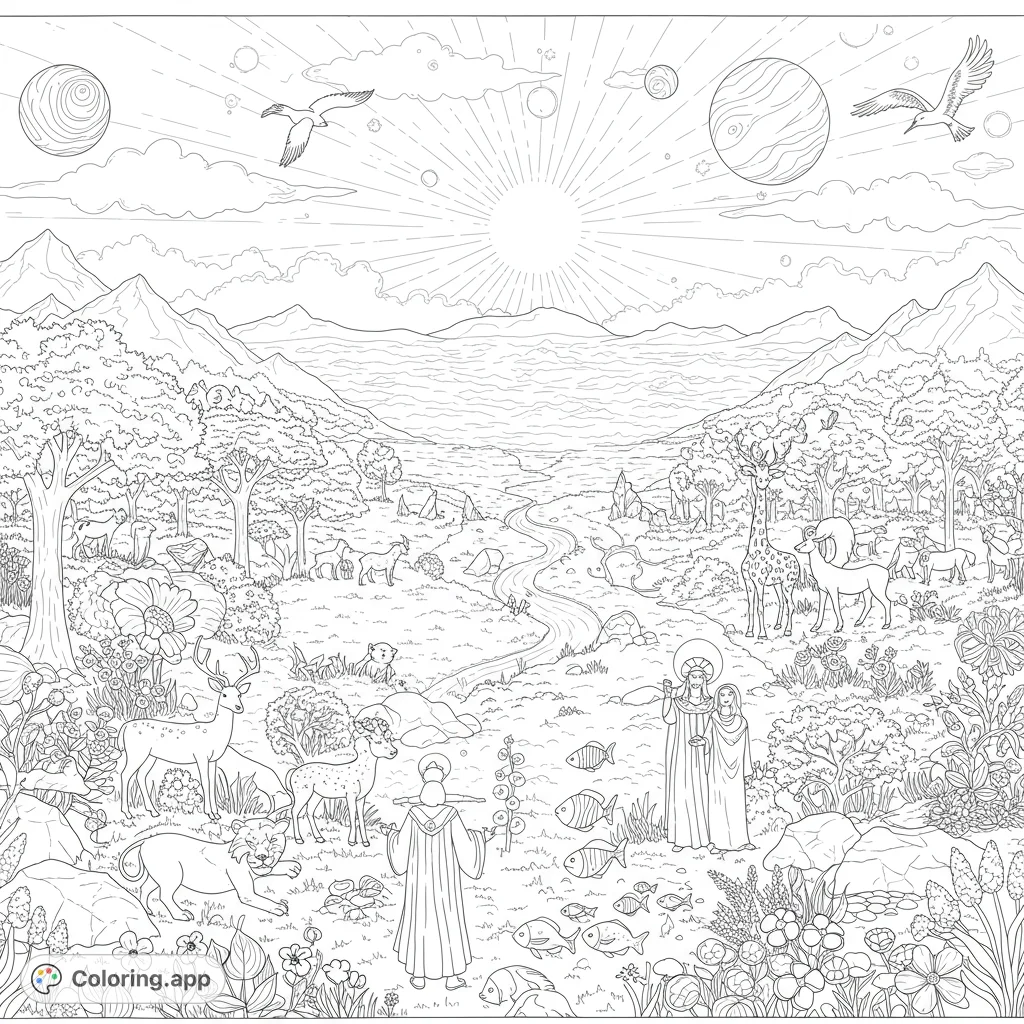 Explore a detailed Earth coloring page depicting God's complete creation: diverse landscapes, animals, plants, and humans in serene harmony, celebrating the day of rest.