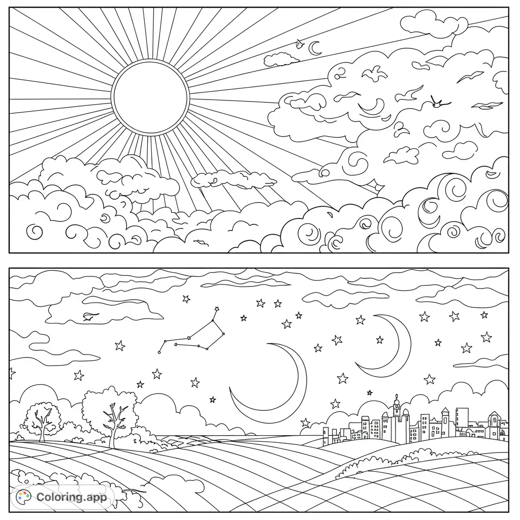 Explore a captivating scene where day and night are distinctly separated by a horizon, featuring celestial bodies, landscapes, and intricate details.
