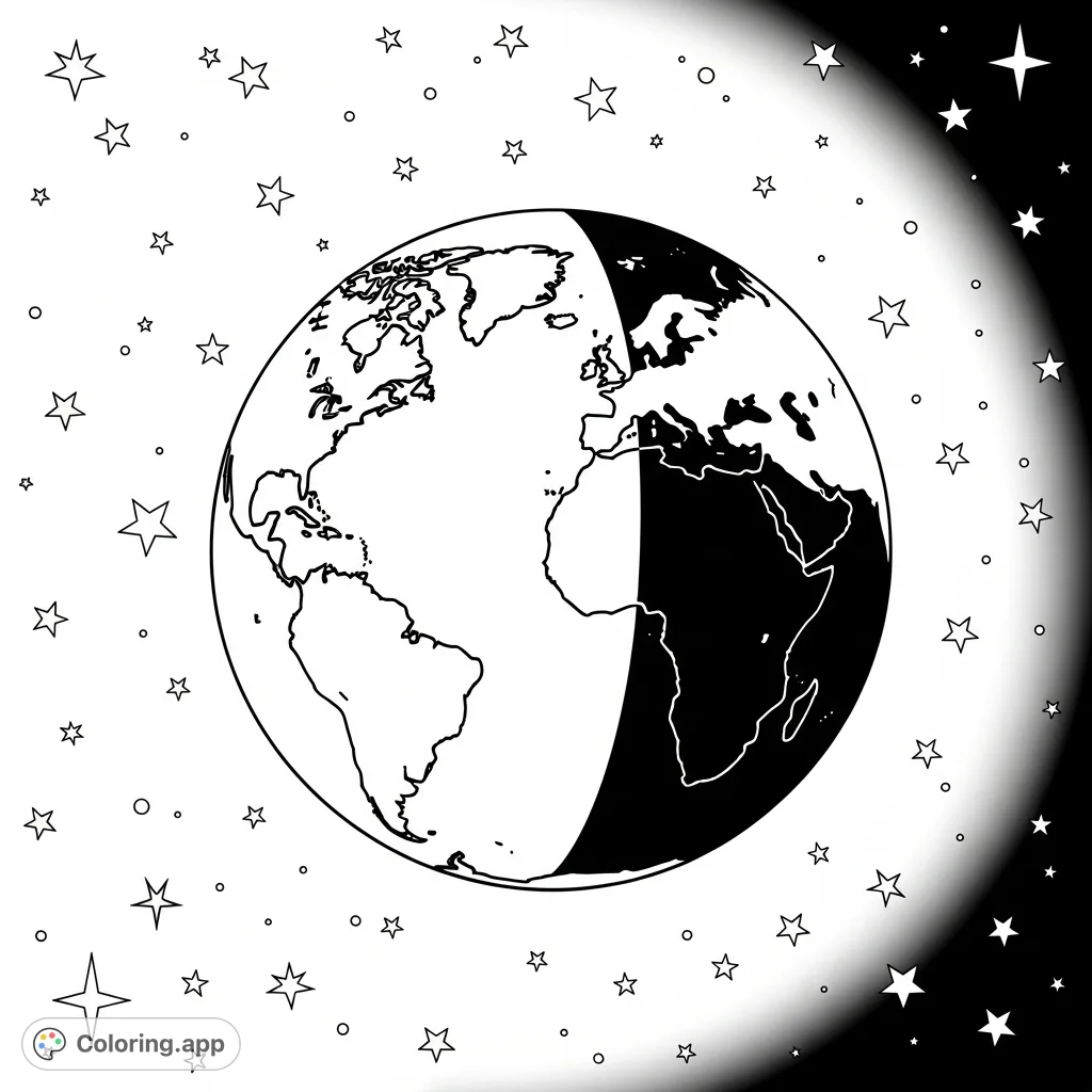 A simple, inviting Earth globe coloring page, featuring a clear division between illuminated day and shadowed night hemispheres, set against a starry sky.