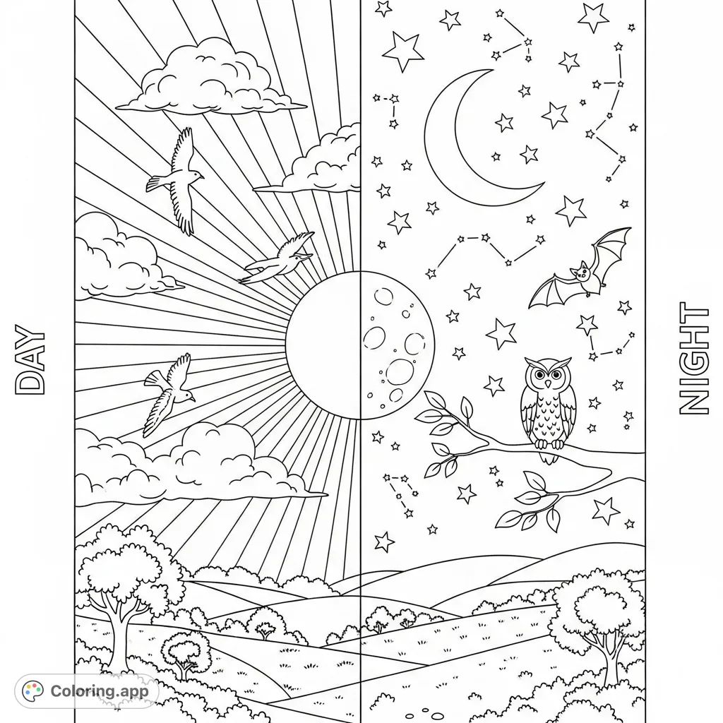 Explore the contrasting beauty of day and night in one captivating coloring page, featuring sun, moon, stars, and a serene landscape.