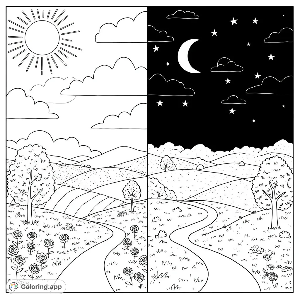Explore a unique day and night coloring page, split vertically to reveal a vibrant daytime landscape on one side and a serene night sky on the other.