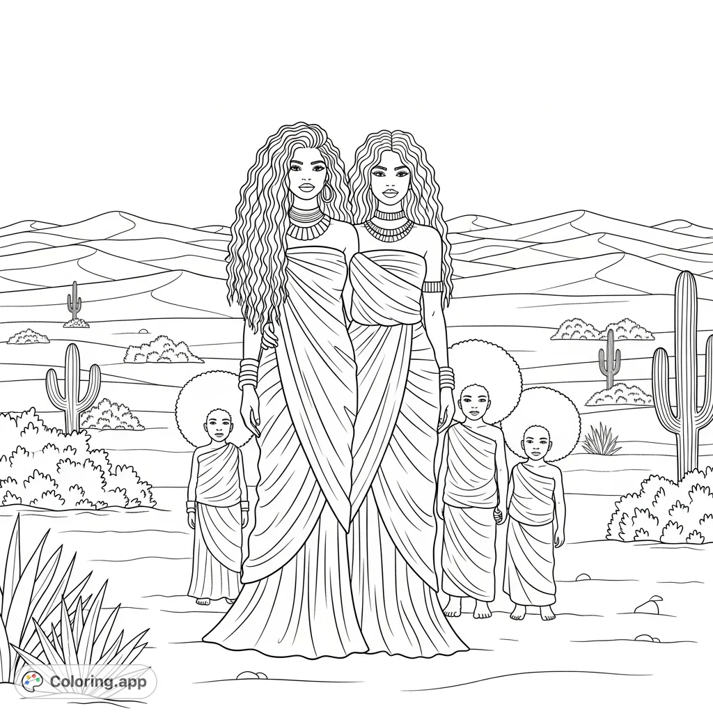 A heartwarming desert scene featuring two women with kinky hair and children with Afros, all in wrapped dresses, against a backdrop of sand dunes.