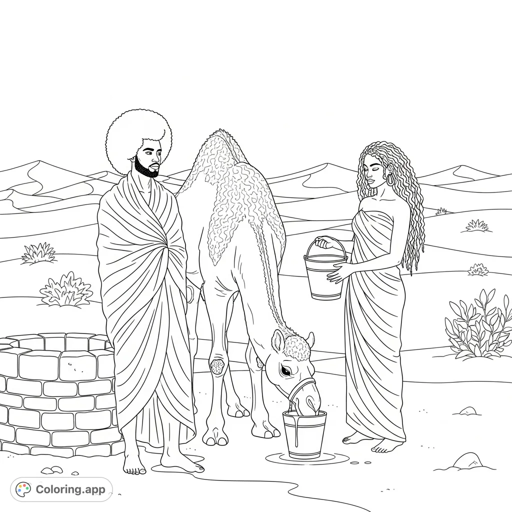 Discover a serene desert oasis coloring page featuring a man and woman in wrapped cloth, tending to a camel by a well amidst vast dunes.