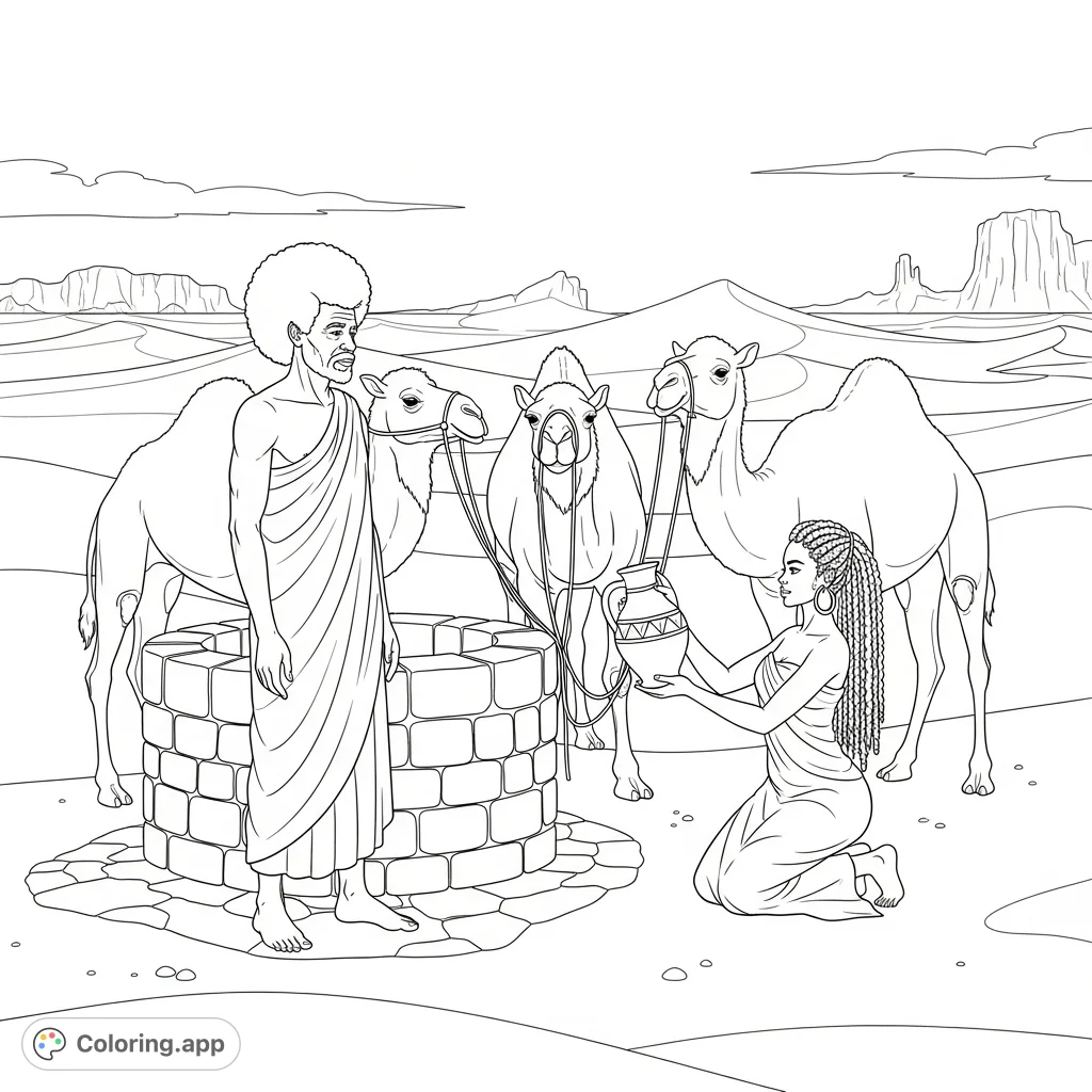 A captivating desert oasis scene featuring an older servant man, a woman with kinky hair, and three camels by a well. A rich cultural coloring page.