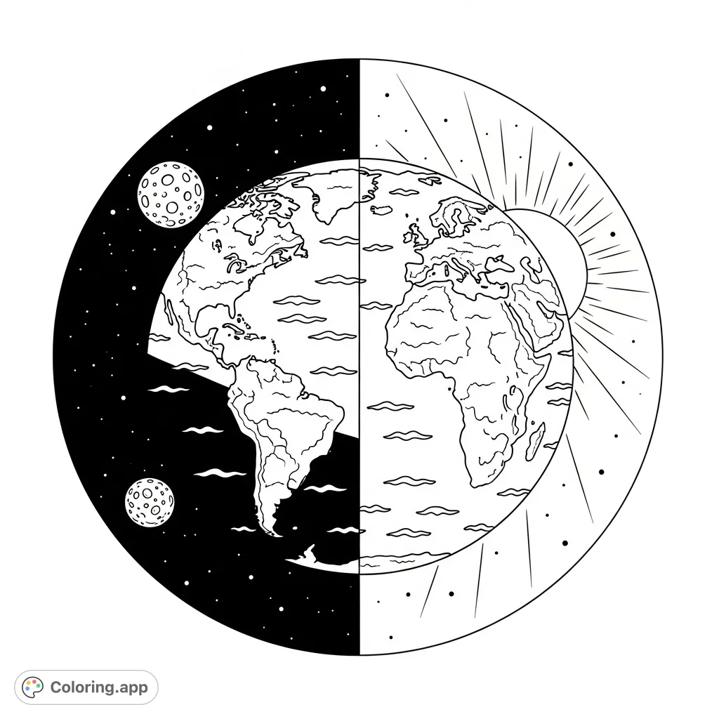 Explore our planet with this Earth day and night coloring page, featuring continents, oceans, a radiant sun, and a serene moon.