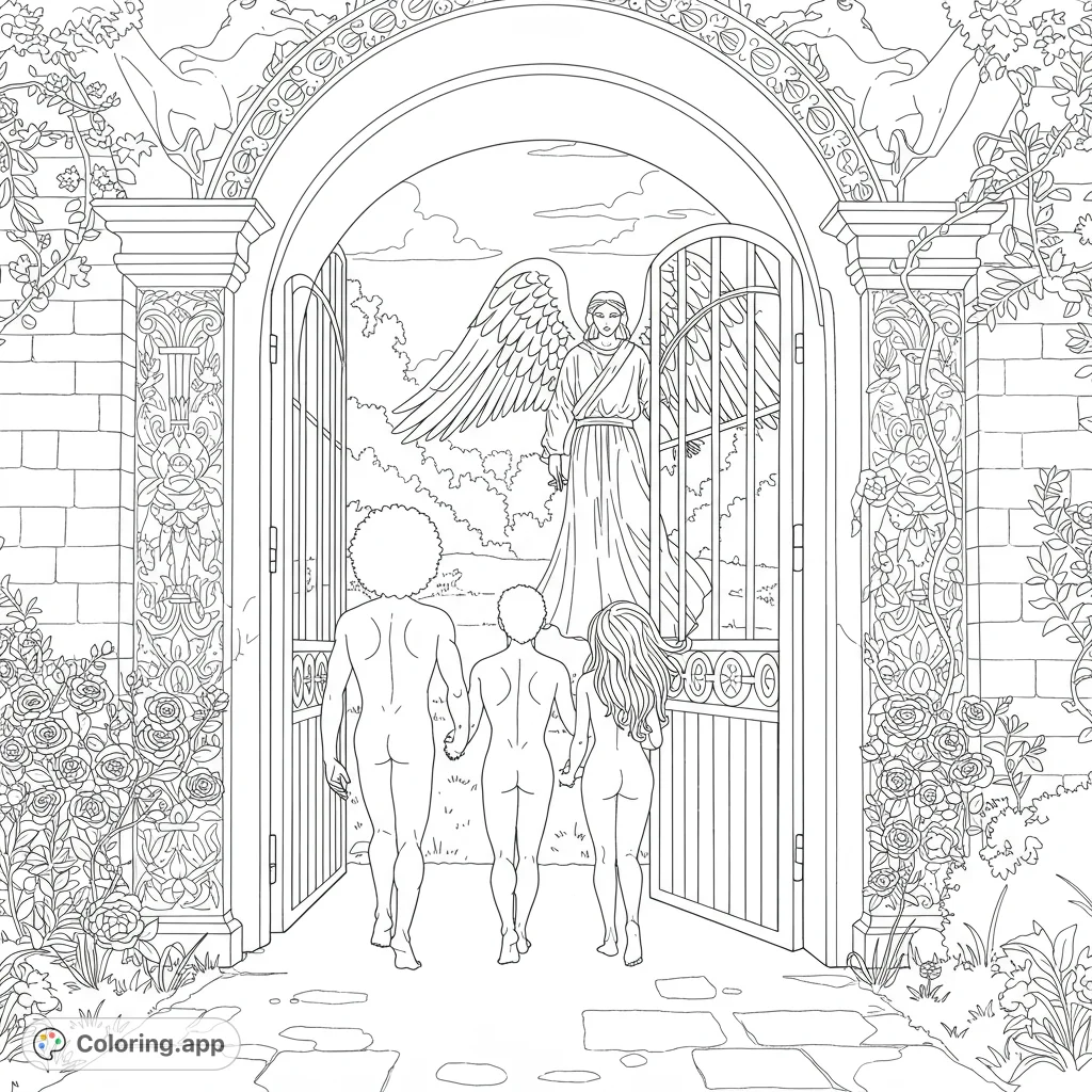 Witness Adam and Eve's poignant departure from the Garden of Eden, guided by a powerful angel. A detailed biblical scene for reflection.