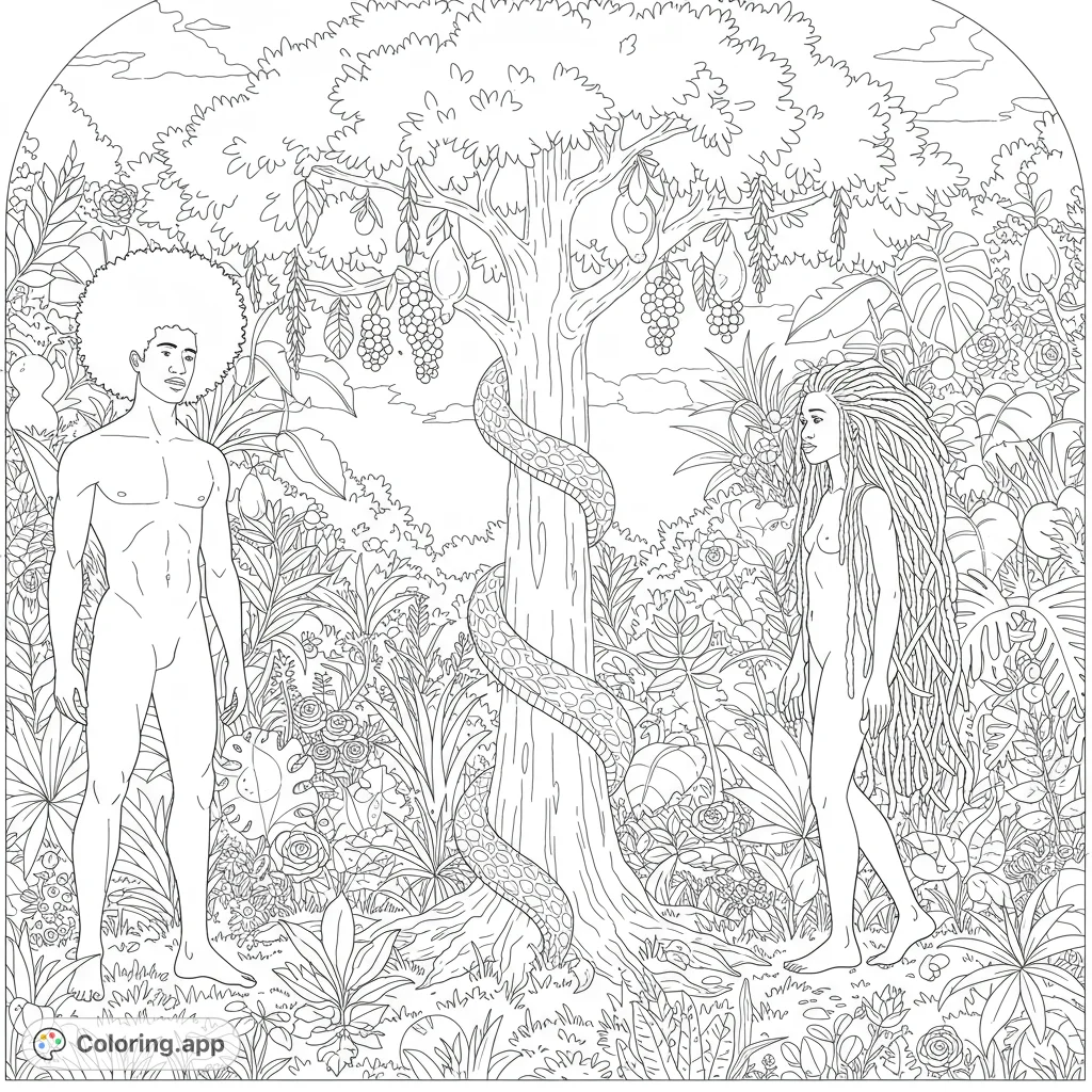 Explore the serene Garden of Eden with Adam and Eve, a majestic tree, and a coiled serpent. A detailed biblical scene for mindful coloring.
