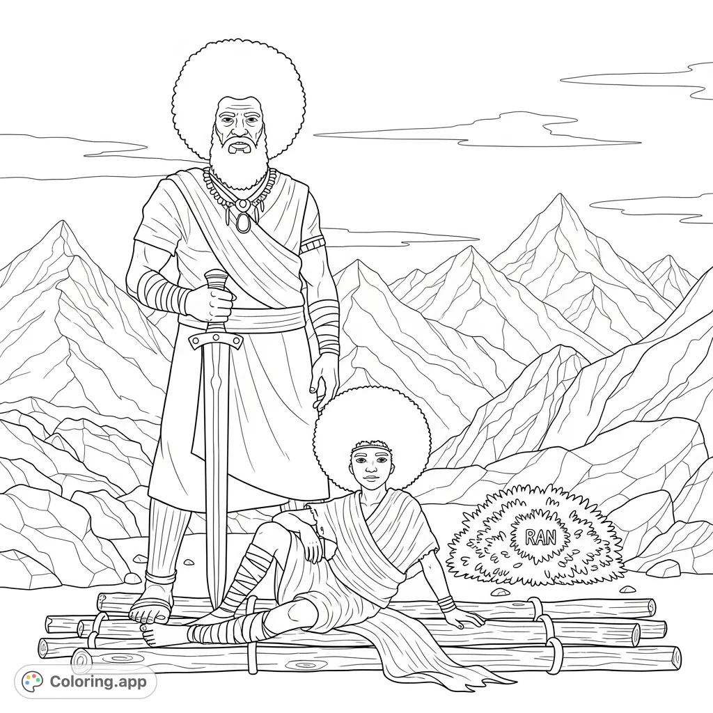 A powerful elder and a reclining youth with voluminous Afros in a majestic mountain landscape. Features a wooden dagger, draped garments, and a ran in a bush.