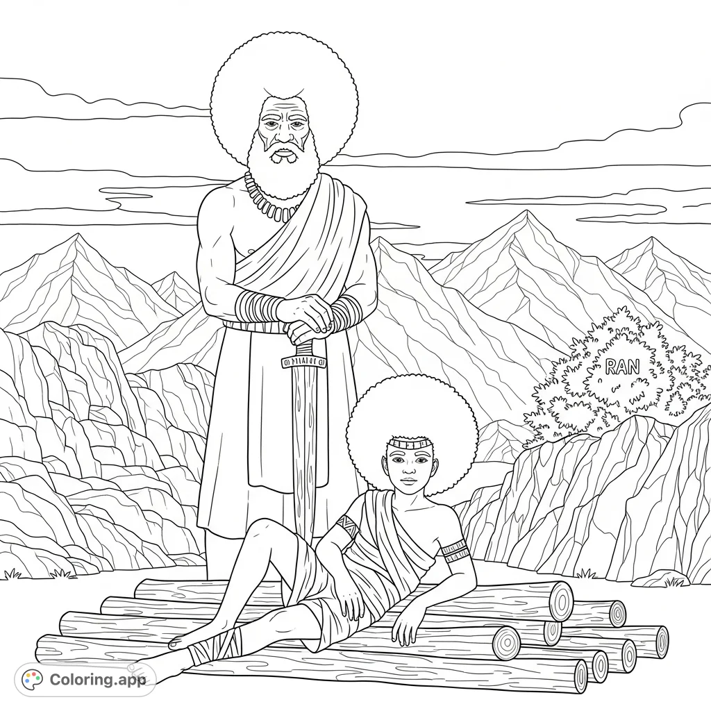 A powerful elder and a reclining youth with voluminous Afros in a majestic mountain landscape. Features a wooden dagger, draped garments, and a ran in a bush.